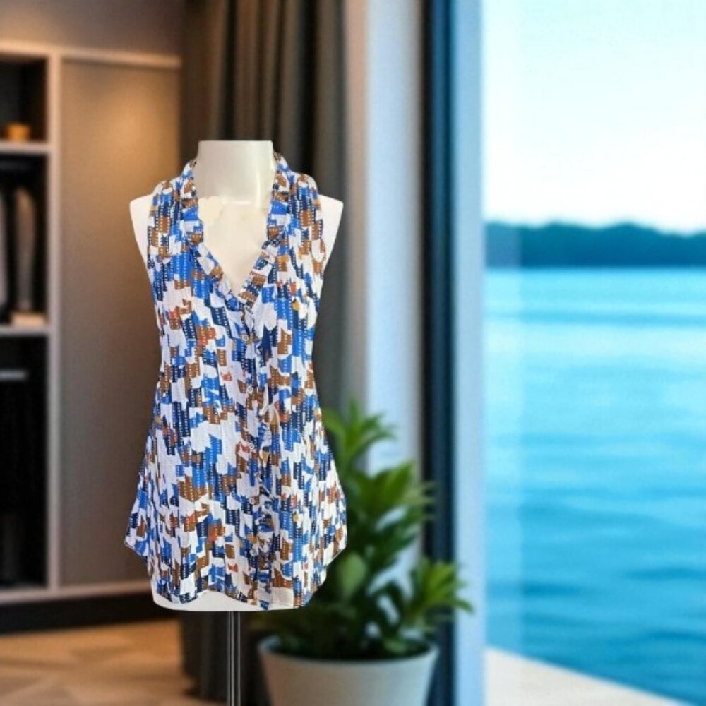 Cabi Jigsaw Geometric Print Sleeveless Ruffle Top